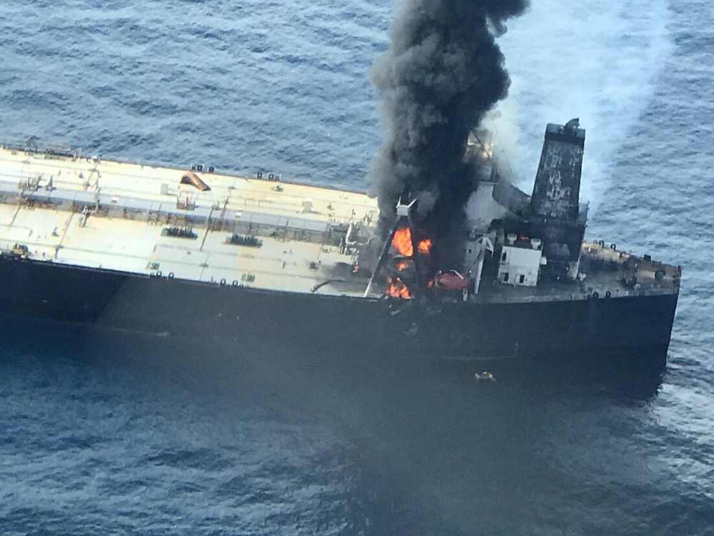 The New Diamond, a tanker chartered by Indian Oil Corp and carrying the equivalent of about 2 million barrels of oil, after a fire broke out off Sri Lanka September 3, 2020. u00e2u20acu201d Sri Lankan Airforce handout via  Reuters pic