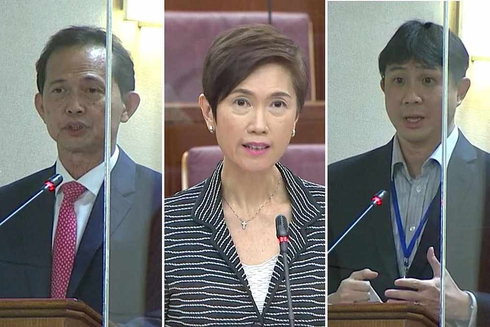 (From left) Progress Singapore Party's Leong Mun Wai, Manpower Minister Josephine Teo and the Workers' Party's Jamus Lim, speaking in parliament September 1, 2020. u00e2u20acu201d Singapore Parliament screengrab via TODAY