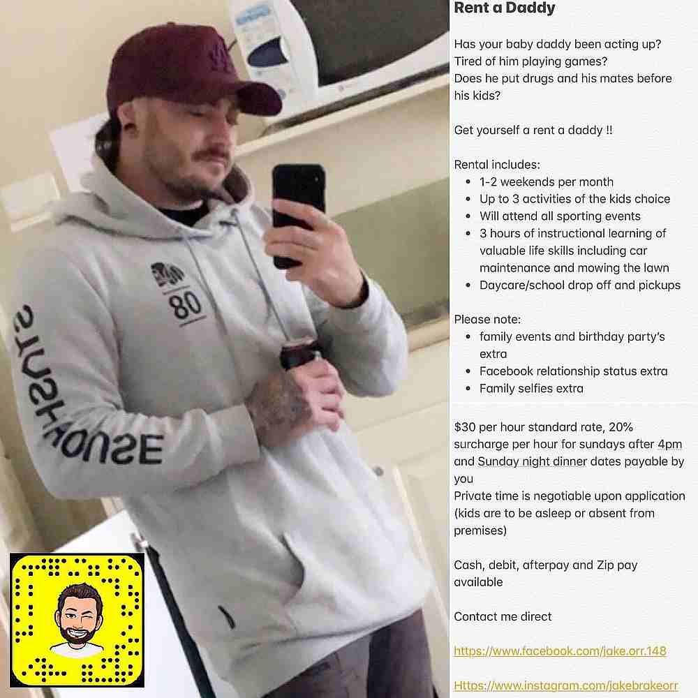 An Australian man is offering to be a part time father figure for a fee of A$30 (RM90.95) per hour. — Image courtesy of Facebook/Jake James