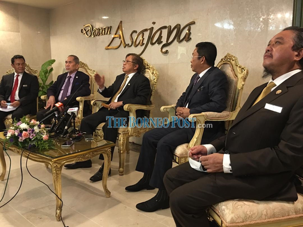 Chief Minister Datuk Patinggi Abang Johari Openg (centre) speaking at a press conference in Kuching September 1, 2020. u00e2u20acu201d Borneo Post pic