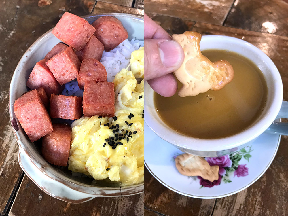 Luncheon meat rice bowl with scrambled eggs (left). Keto-friendly butter coffee (right).