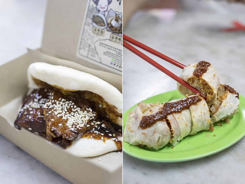 'Ru dong bo rou bao' (braised pork belly in a steamed bun) and Bibi’s signature 'popiah'.