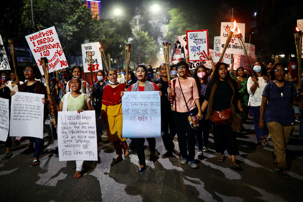 Female activists and students take part in a torch procession demanding women's safety and justice for rape victims in Dhaka, Bangladesh, October 14, 2020. u00e2u20acu201d Reuters pic