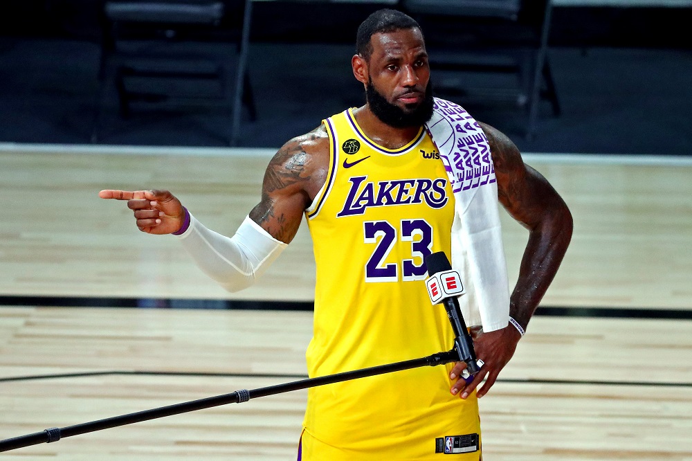 Los Angeles Lakers forward LeBron James (23) gives an interview after defeating the Miami Heat in game 4 of the 2020 NBA Finals at AdventHealth Arena in Miami October 6, 2020. u00e2u20acu201d Picture by Kim Klement-USA TODAY Sports via Reuters