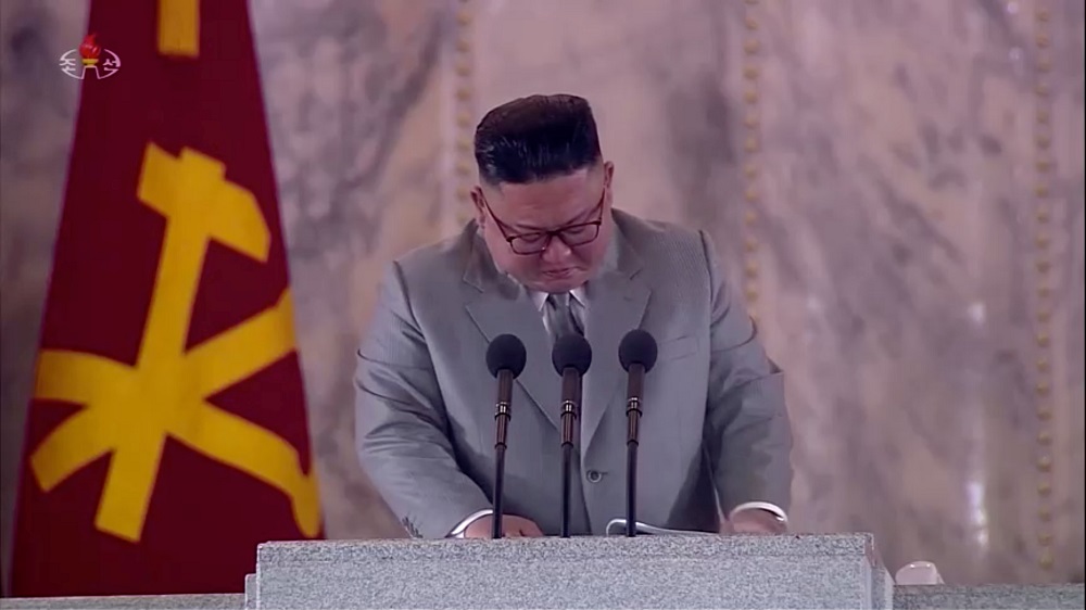 North Korean Leader Kim Jong-un reacts during a speech at a military parade marking 75th founding anniversary of Workersu00e2u20acu2122 Party of Korea, in this still image taken from video on October 12, 2020. u00e2u20acu201d Picture by KRT TV via Reuters