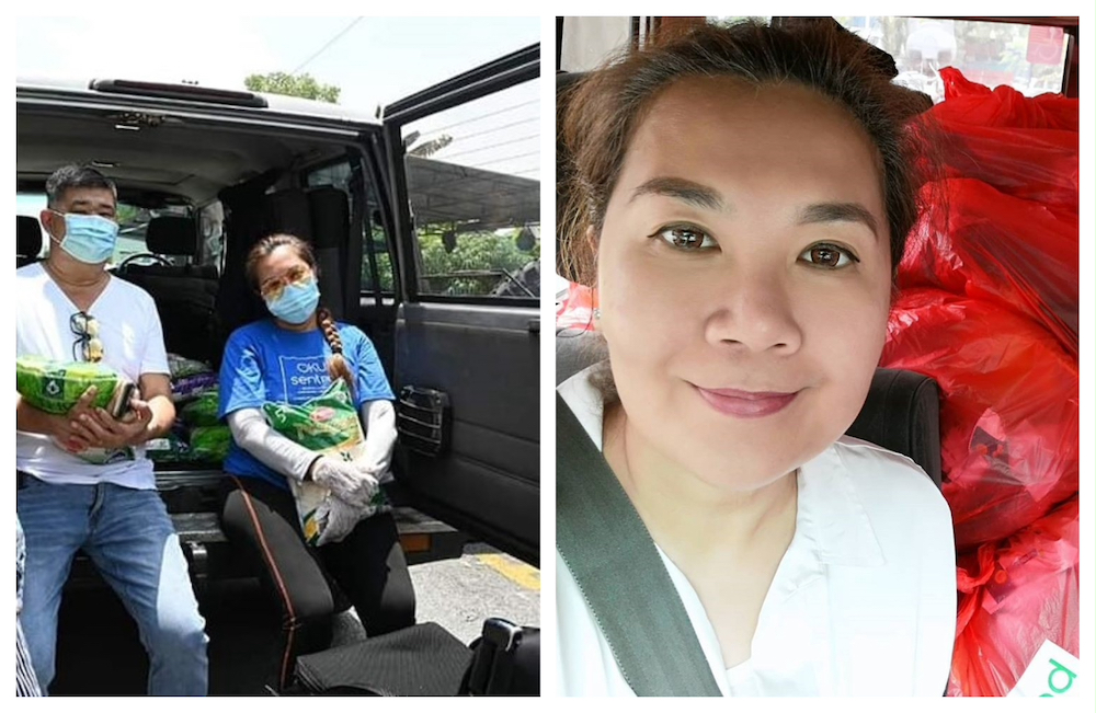 Uncle Kentang and Ras Adiba (right) distributing food packets to the poor yesterday. u00e2u20acu201d Pictures by Facebook/KuanCheeHeng