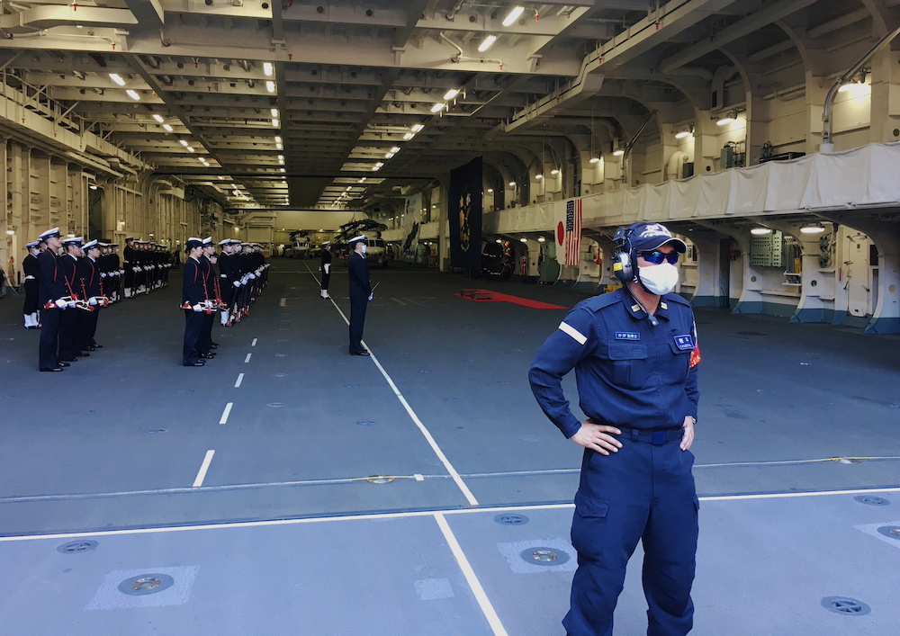 Japan Maritime Self-Defence Force soldiers wearing protective masks are seen on board of the helicopter destroyer JS Kaga during Keen Sword, at mid-sea off south of Japan, October 26, 2020. u00e2u20acu201d Reuters pic