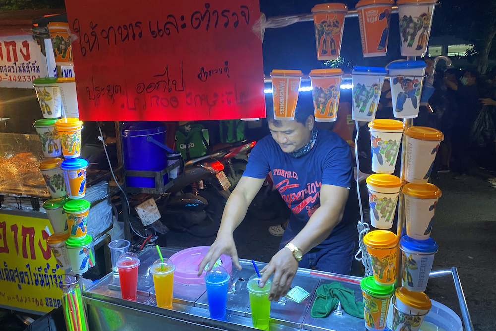 Thai drink seller, Komsan Moonsan is seen with his cart during an anti-government protest in Bangkok, Thailand, October 21, 2020. — Reuters pic