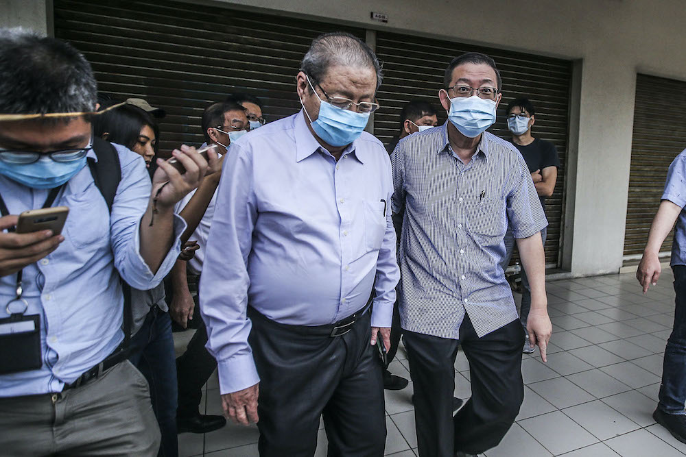 DAP veteran Lim Kit Siang and DAP secretary-general Lim Guan Eng leave PKRu00e2u20acu2122s headquarters after meeting with Pakatan Harapan presidential council in Petaling Jaya October 29, 2020. u00e2u20acu201d Picture by Hari Anggara