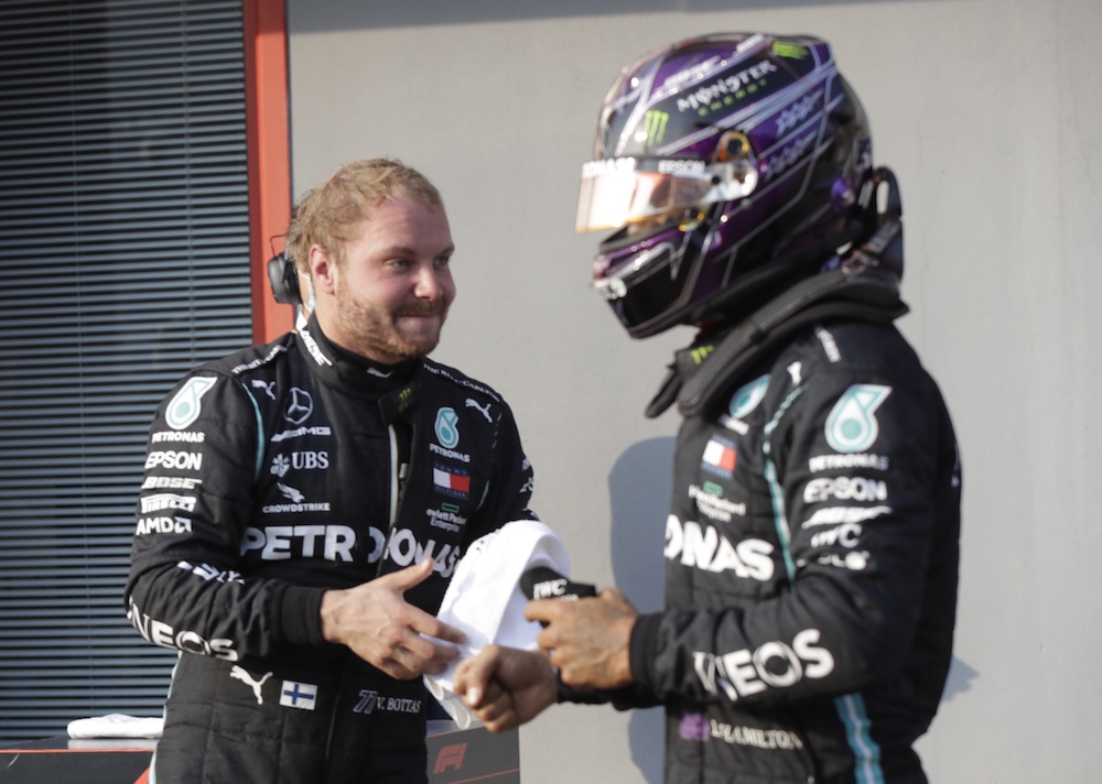 Mercedesu00e2u20acu2122 Valtteri Bottas celebrates after qualifying in pole position at the Emilia Romagna Grand Prix in Imola, Italy, October 31, 2020. u00e2u20acu201d Reuters picnn