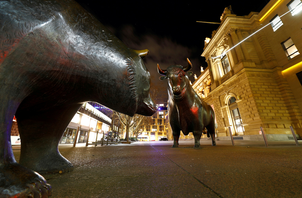 Bull and bear symbols for successful and bad trading stand in front of the German stock exchange (Deutsche Boerse) in Frankfurt, Germany, February 12, 2019. u00e2u20acu201d Reuters pic 
