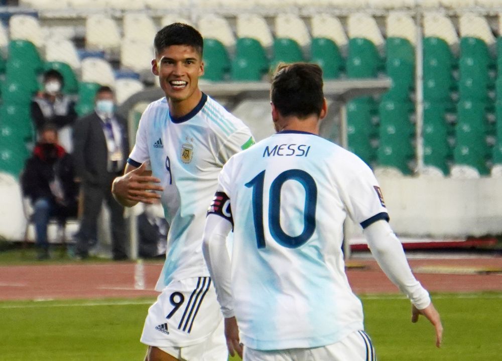 Argentina's Joaquin Correa celebrates scoring their second goal against Bolivia with Lionel Messi at the Hernando Siles Stadium, La Paz October 13, 2020. u00e2u20acu201d Reuters pic