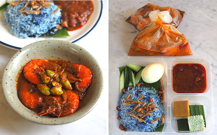 Relish the delicious 'sambal' prawns with 'petai' for a satisfying lunch (left). Your meal is packed in a box with compartments making it easy to eat while the side dishes are placed in plastic bags (right)