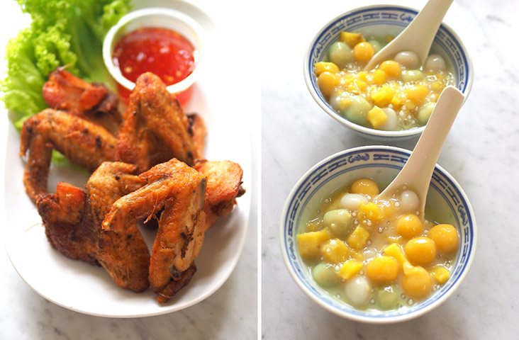 On its own, the Thai deep fried chicken wings had a mild flavour with the marinade (left). Similar to 'bubur cha cha', the 'bua loy' dessert was a joy to eat with chewy glutinous rice balls paired with sweet potatoes, sago pearls and thick coconut milk (right)