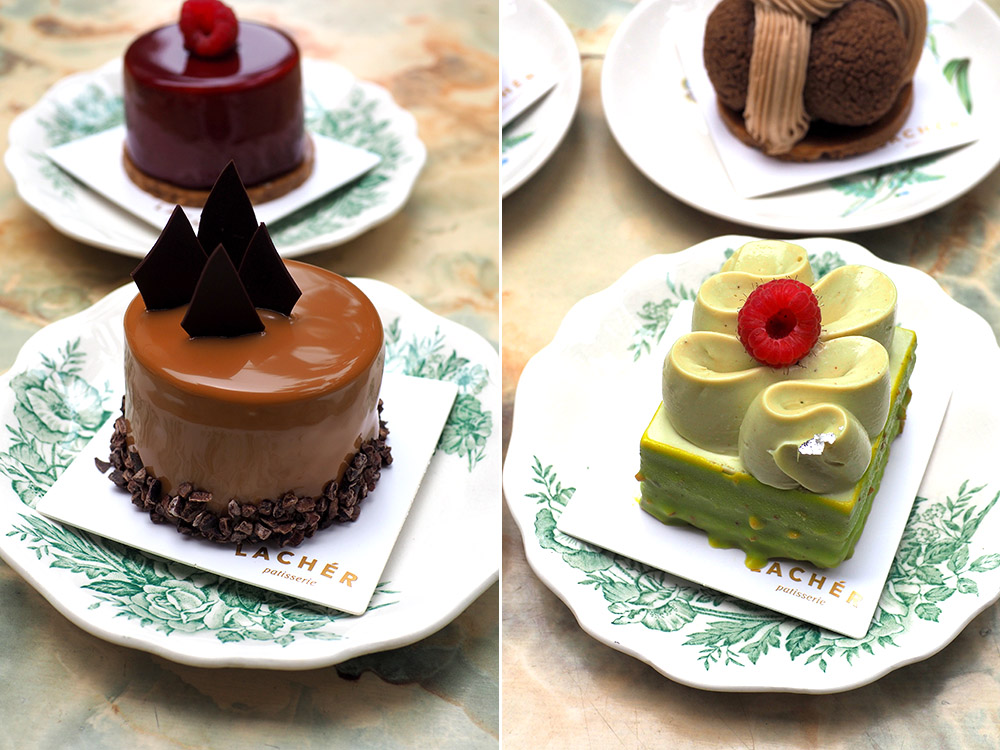 Chocolate lovers will relish the Valrhona Caraibe hazelnut praline with its light chocolate mousse and contrast of textures from the crunchy nutty hazelnut praline (left). The pistachio raspberry balances out pistachio flavours in the 'joconde', glaze and cream with layers of tangy raspberry marmalade (right).