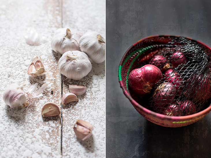 Garlic (left) and red onions (right) form the aromatics base of the soup.