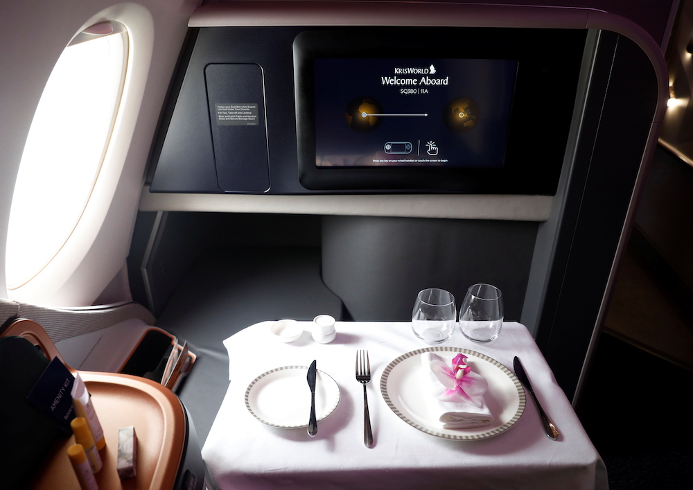 A Singapore Airlines business class seat onboard their A380 restaurant at Changi Airport in Singapore October 24, 2020. ― Reuters pic