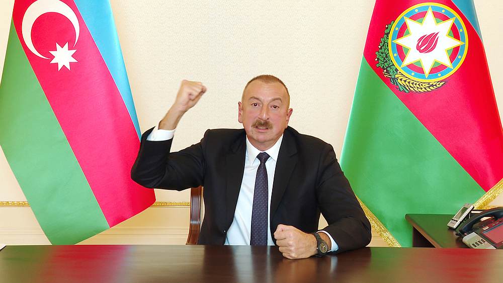 Azerbaijan's President Ilham Aliyev speaks during an address to the nation in Baku, Azerbaijan October 4, 2020. u00e2u20acu201d President of Azerbaijan website handout via Reuters