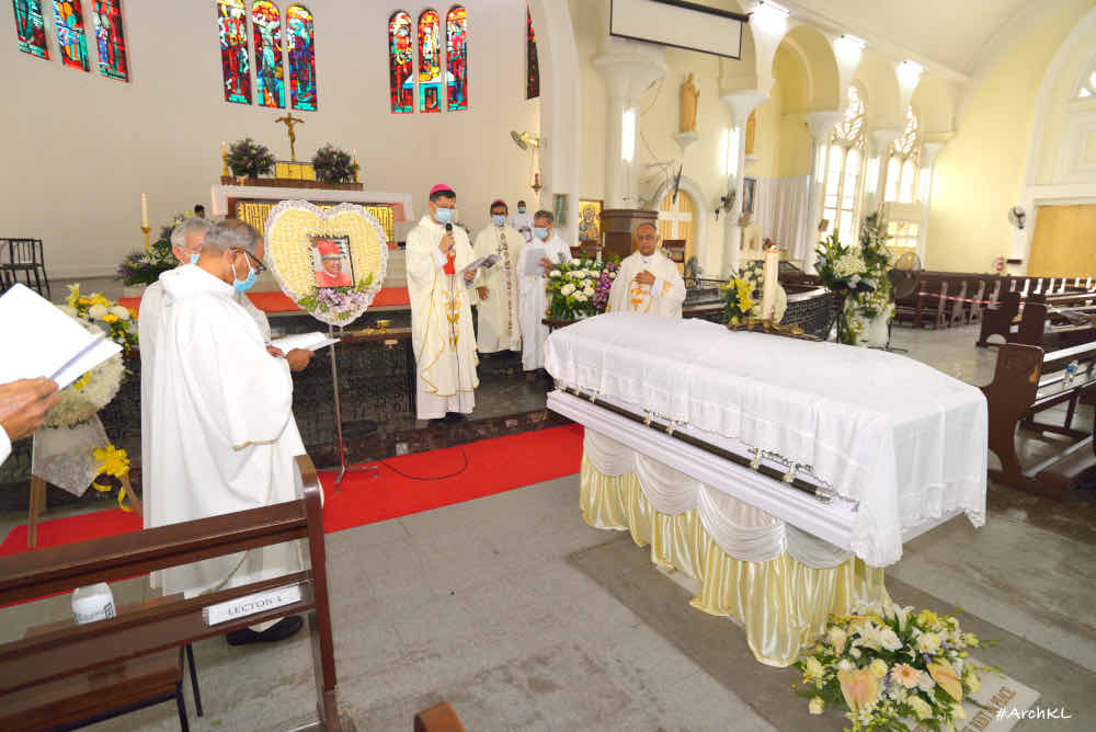 Archbishop of Kuala Lumpur Julian Leow and other clergy at the funeral of Cardinal Anthony Soter Fernandez in Kuala Lumpur October 31, 2020. u00e2u20acu201d Picture courtesy of the Archdiocese of Kuala Lumpur