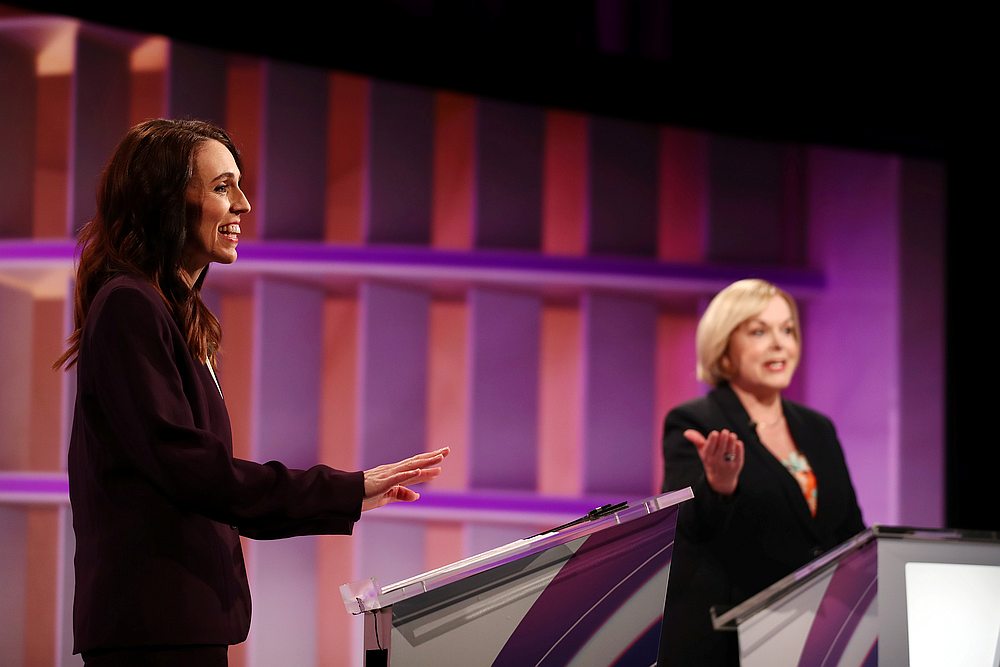 New Zealand Prime Minister Jacinda Ardern (left) and National leader Judith Collins in a televised debate at TVNZ in Auckland, New Zealand September 22, 2020. u00e2u20acu201d Pool pic via Reuters