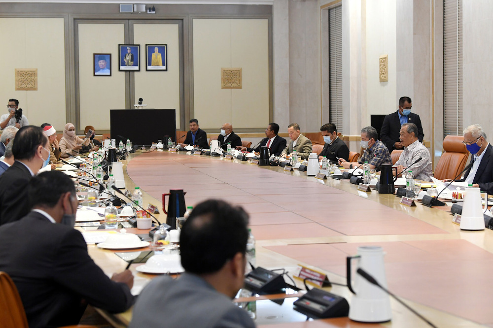 Prime Minister Tan Sri Muhyiddin Yassin chairing a special National Security Council meeting on Covid-19 at Perdana Putra building October 3, 2020. — Bernama pic
