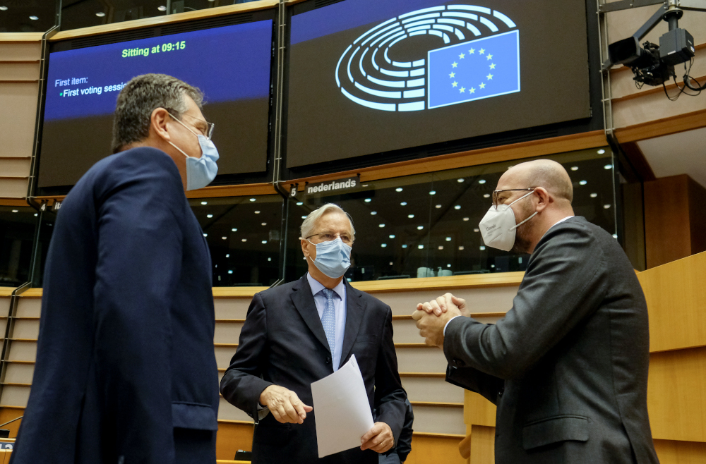 (From left) EU Commission Vice President Maros Sefcovic, European Union chief Brexit negotiator Michel Barnier, European Council President Charles Michel during the plenary session at European Parliament in Brussels October 21, 2020. u00e2u20acu201d AFP pic 