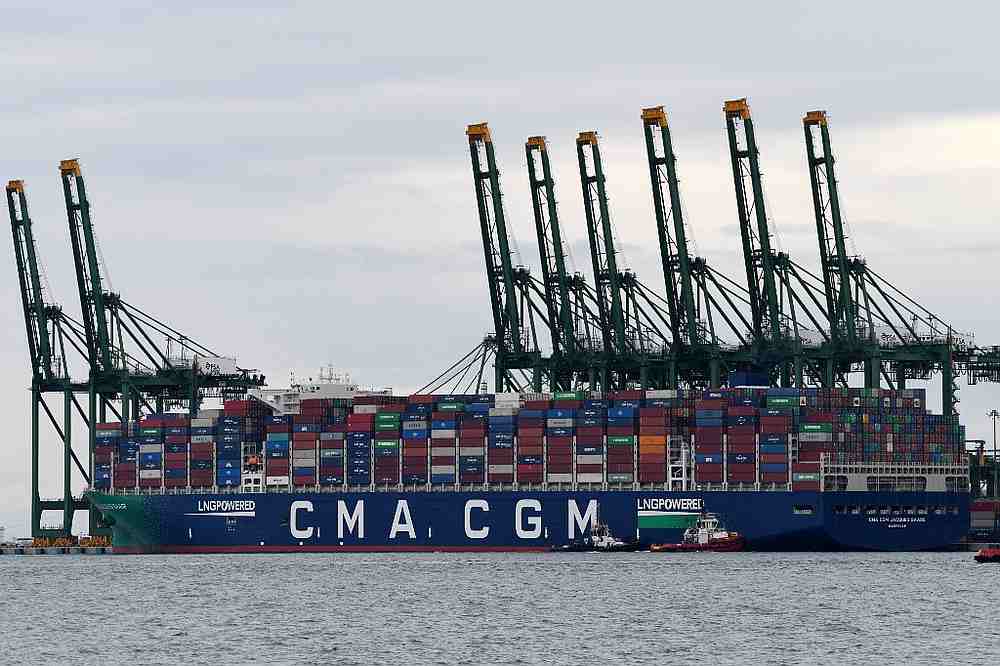 The CMA CGM Jacques Saade, the worldu00e2u20acu2122s largest container ship to be fully-powered by liquefied natural gas (LNG), is seen docked at the CMA CGM-PSA Lion Terminal in Singapore October 11, 2020. u00e2u20acu201d AFP pic