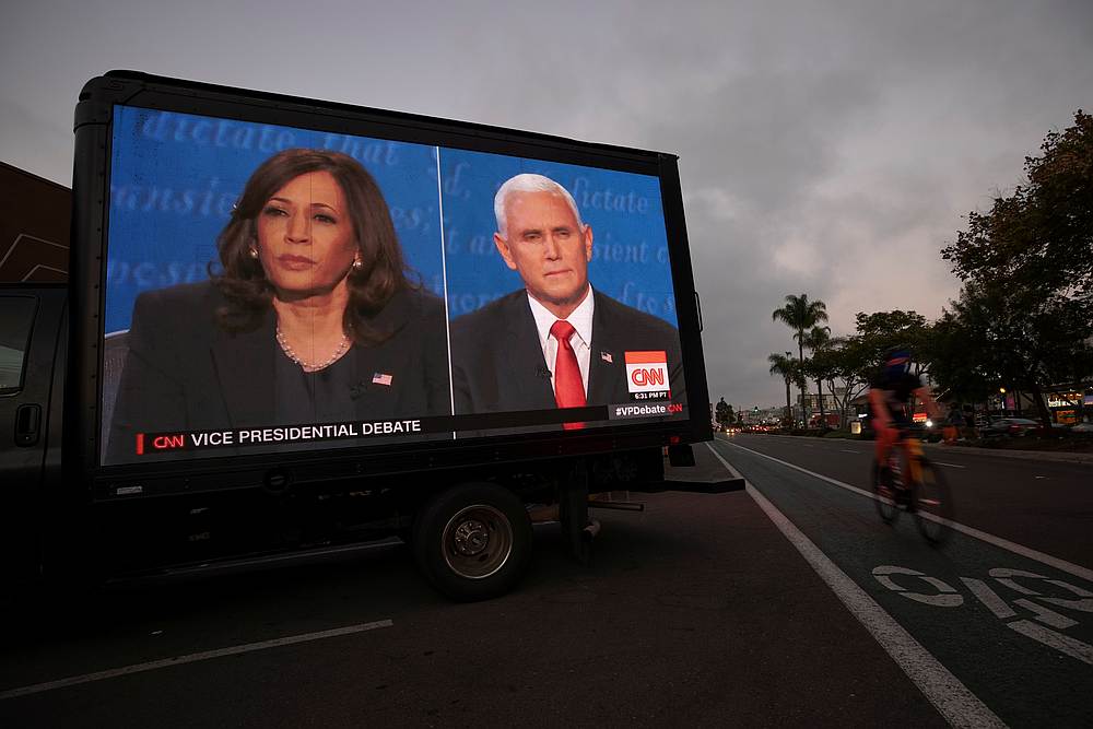A digital truck broadcasts the debate between US Vice President Mike Pence and Senator Kamala Harris outside a tavern in San Diego, California October, 7, 2020. u00e2u20acu201d Reuters pic