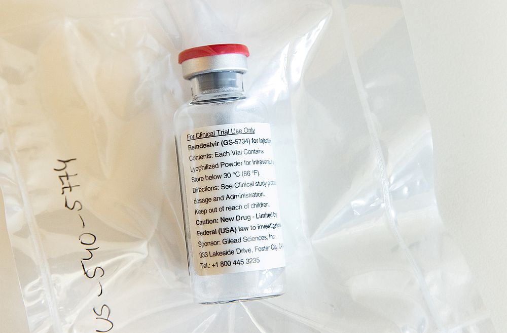 An ampule of Gilead Sciences remdesivir is pictured during a news conference at the University Hospital Eppendorf (UKE) in Hamburg, Germany, April 8, 2020. u00e2u20acu201d Pool pic via Reuters 