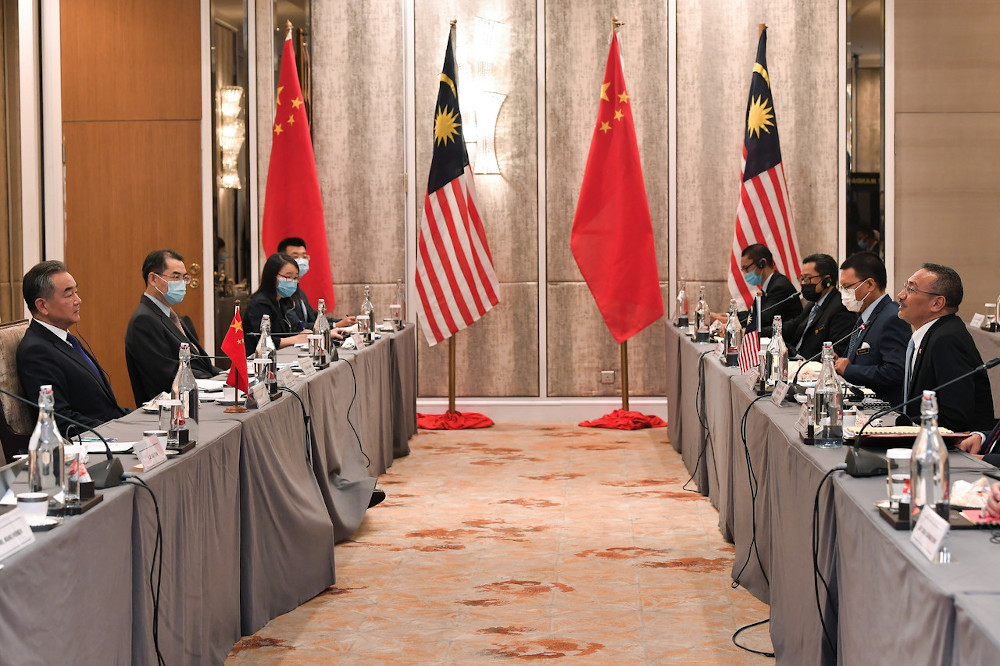 Foreign Minister Datuk Seri Hishammuddin Tun Hussein in a meeting with his counterpart from China, Wang Yi (left) at a bilateral meeting between the foreign ministers of Malaysia and China in Kuala Lumpur, October 13, 2020. u00e2u20acu201d Bernama pic 