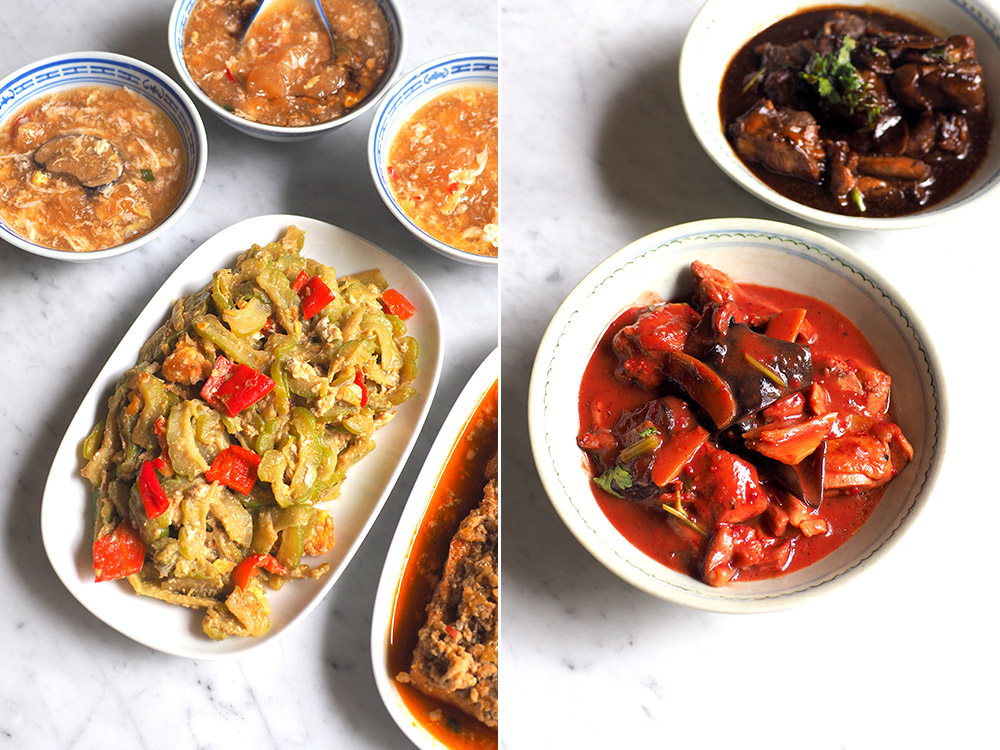Stir fried bitter gourd with salted egg was a little wetter than it should be but it was a generous portion (left). Fu Zhou red wine chicken (bottom) and rice wine chicken (top) were packed with flavour and best paired with a bowl of rice (right).