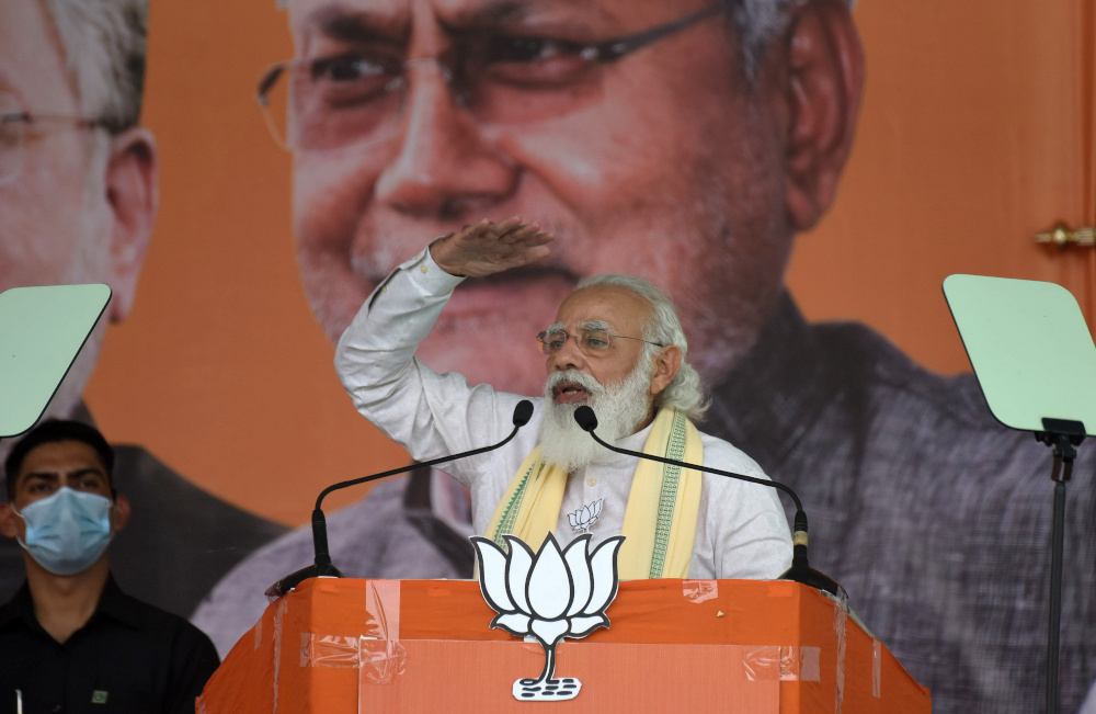 Indiau00e2u20acu2122s Prime Minister Narendra Modi gestures as he addresses his supporters during an election campaign meeting ahead of state assembly election in Dehri, eastern state of Bihar, India, October 23, 2020. u00e2u20acu201d Reuters pic 