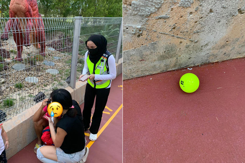 (Left) A photograph of the domestic helper, with her face obscured, sitting on the path just after she was hit by a stray golf ball on October 22, 2020 at Jurassic Mile near Changi Airport. (Right) The offending golf ball. u00e2u20acu2022 TODAY pic