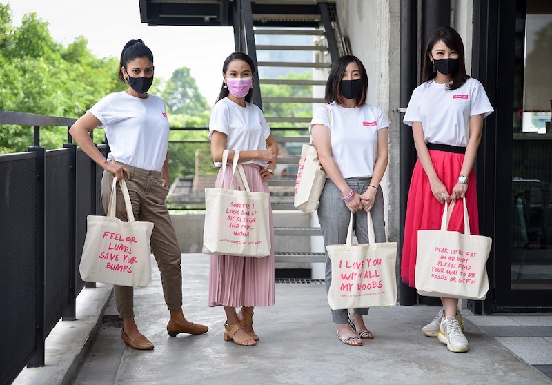 From left: Sangeeta Krishnasamy, Sharifah Amani, Min Lim and Tong Bingyu with Kantoi’s Pink October bags. — Picture courtesy of Kantoi