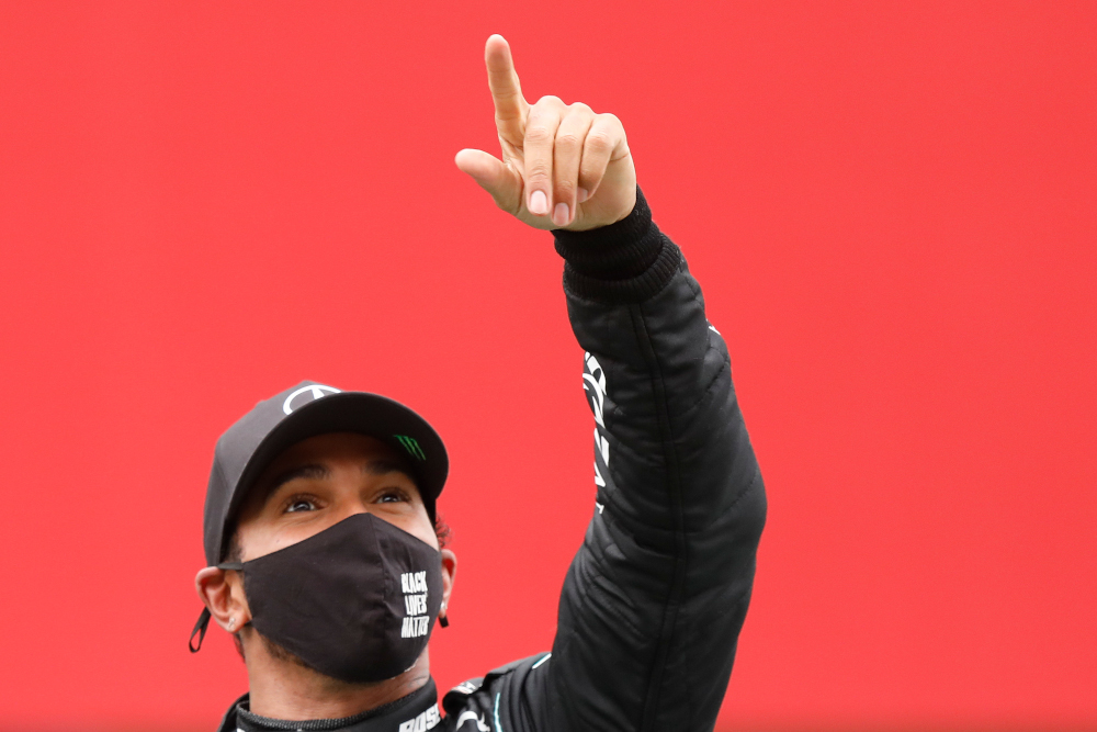 Mercedesu00e2u20acu2122 British driver Lewis Hamilton celebrates on the podium after winning the Portuguese Formula One Grand Prix at the Autodromo Internacional do Algarve October 25, 2020 in Portimao. u00e2u20acu201d AFP pic 