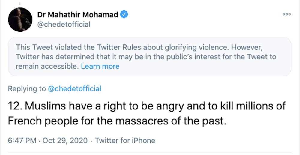 A screenshot of the controversial tweet by Tun Dr Mahathir Mohamad today. — Picture from social media 