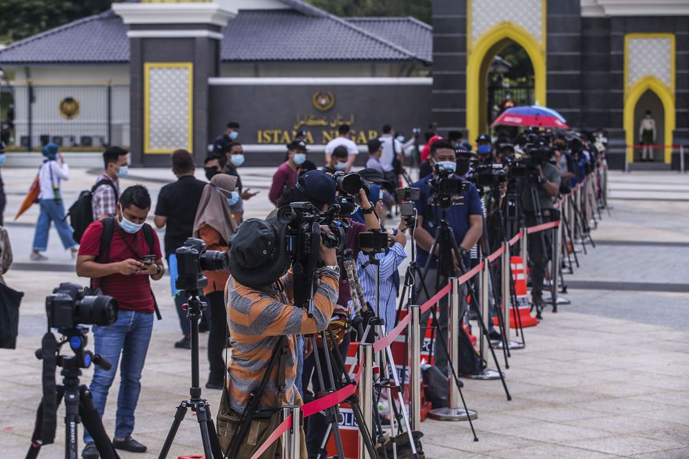 Members of the media gather outside Istana Negera, Kuala Lumpur October 25, 2020. u00e2u20acu201d Picture by Hari Anggara