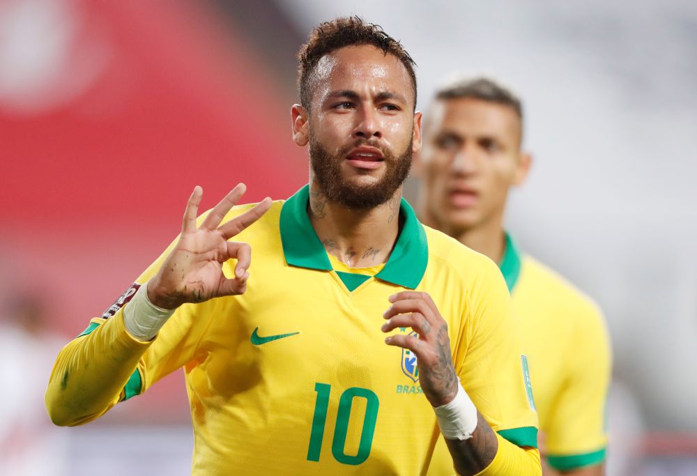 Brazil's Neymar celebrates scoring their fourth goal against Peru at the Nacional Stadium, Lima October 13, 2020. u00e2u20acu201d Reuters pic
