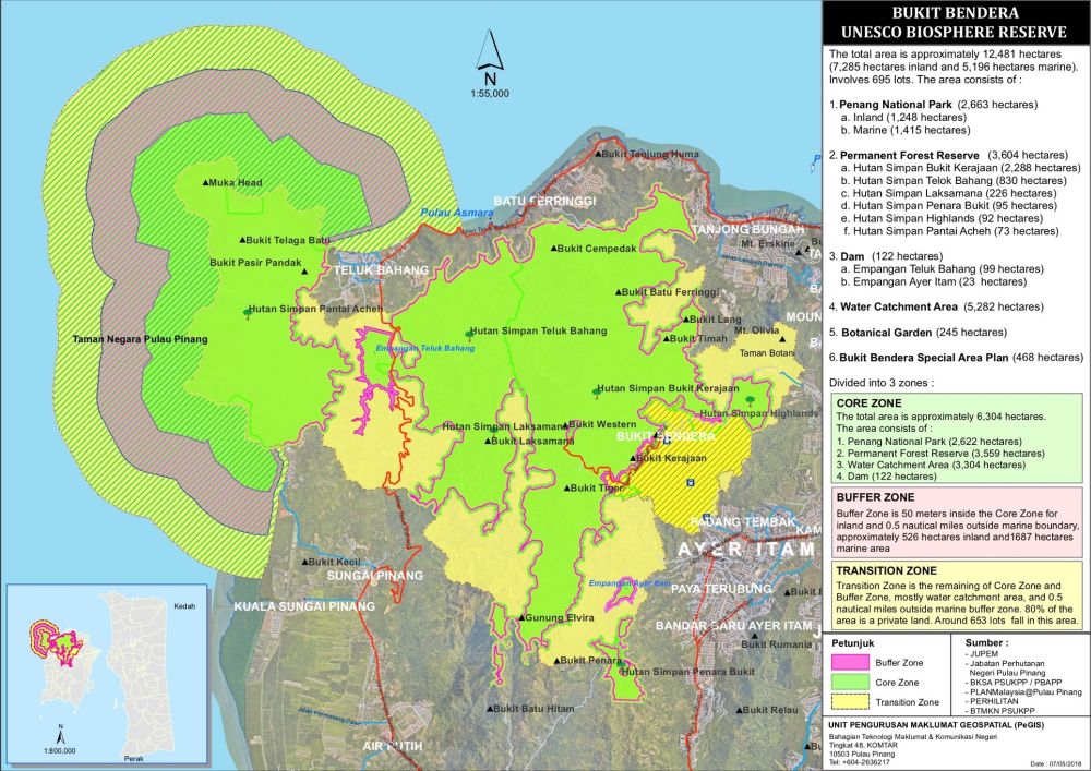A map of the Penang Hill Biosphere Reserve.
