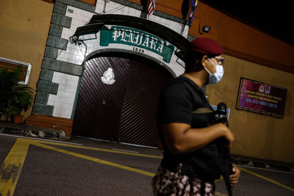 An Armed Forces personnel is pictured outside the Penang Remand Prison on Jalan Penjara October 15, 2020. u00e2u20acu201d Picture by Sayuti Zainudinn