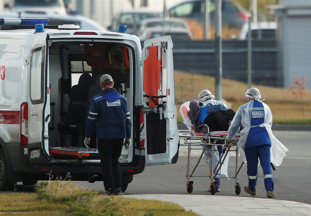 Medical specialists transport a person on a stretcher outside a hospital for patients infected with the coronavirus disease on the outskirts of Moscow, Russia October 15, 2020. u00e2u20acu201d Reuters pic 