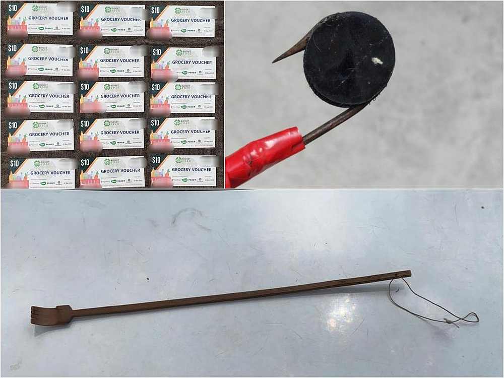 Top right and bottom: The improvised tools Singapore's police seized from suspects, believed to have been used when stealing grocery vouchers (top left) from letterboxes. u00e2u20acu201d Singapore Police pic via TODAY