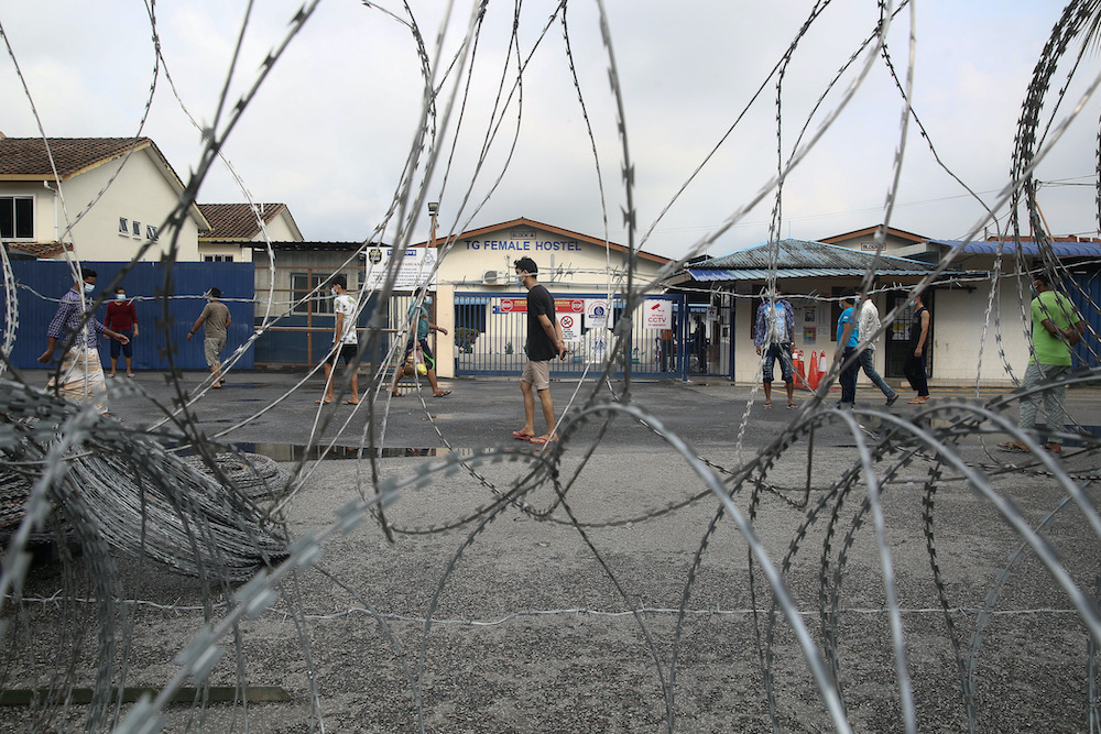 A general view in front of Top Glove Corporation Berhad's female staff dormitories during the enhanced movement control order (EMCO) in Klang November 17, 2020. u00e2u20acu201d Picture by Yusof Mat Isa
