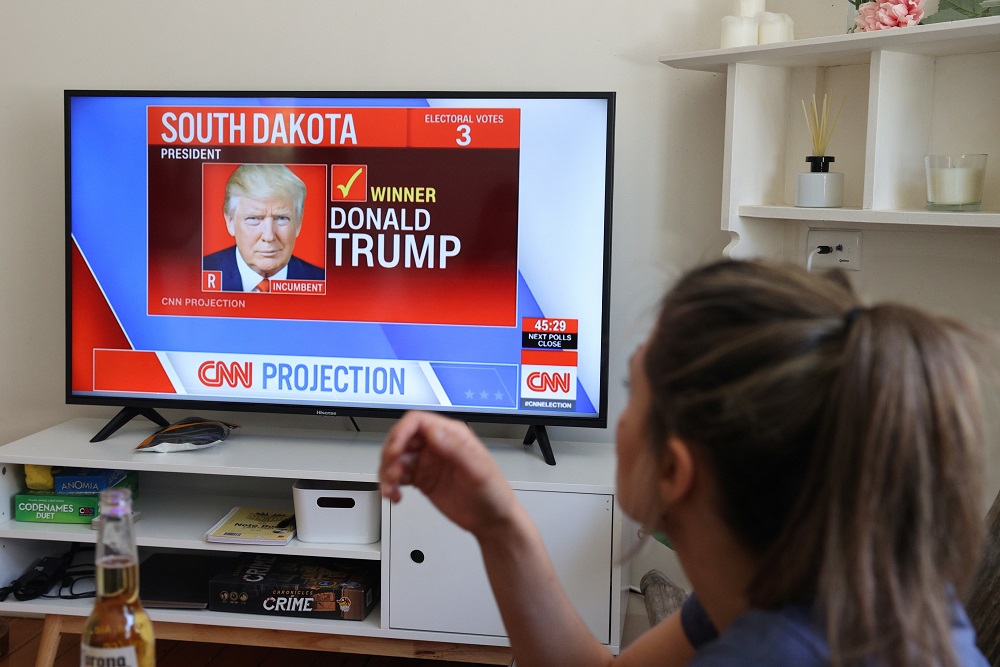 Results come in for the US presidential election between President Donald Trump and Democratic presidential nominee Joe Biden, as seen on a television from a home watch party in Sydney November 4, 2020. u00e2u20acu201d Reuters pic
