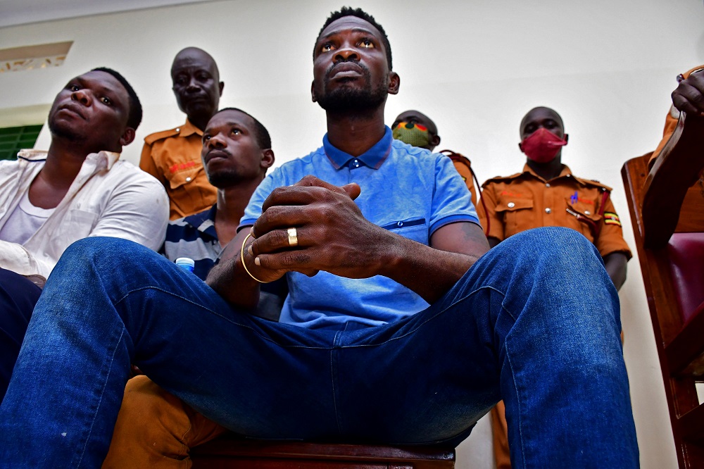 Ugandan presidential candidate Robert Kyagulanyi also known as Bobi Wine sits inside a courtroom in Iganga, eastern Uganda November 20, 2020. u00e2u20acu201d Reuters pic 