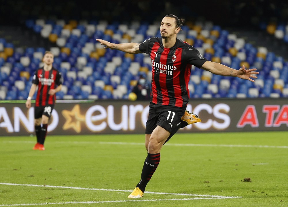 AC Milanu00e2u20acu2122s Zlatan Ibrahimovic celebrates scoring their first goal against Napoli at Stadio San Paolo in Naples November 22, 2020. u00e2u20acu201d Reuters pic