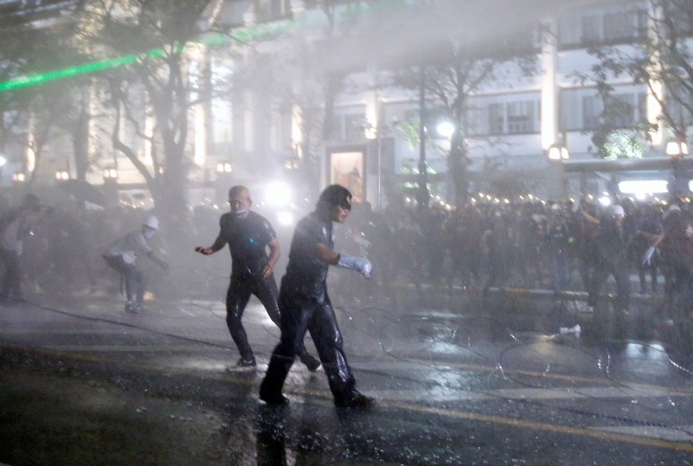Police use water cannons as demonstrators march to The Grand Palace to hand letters written to the king to call for the ouster of Prime Minister Prayut Chan-o-chau00e2u20acu2122s government and reforms in the monarchy in Bangkok November 8, 2020. u00e2u20acu201d Reuters pic