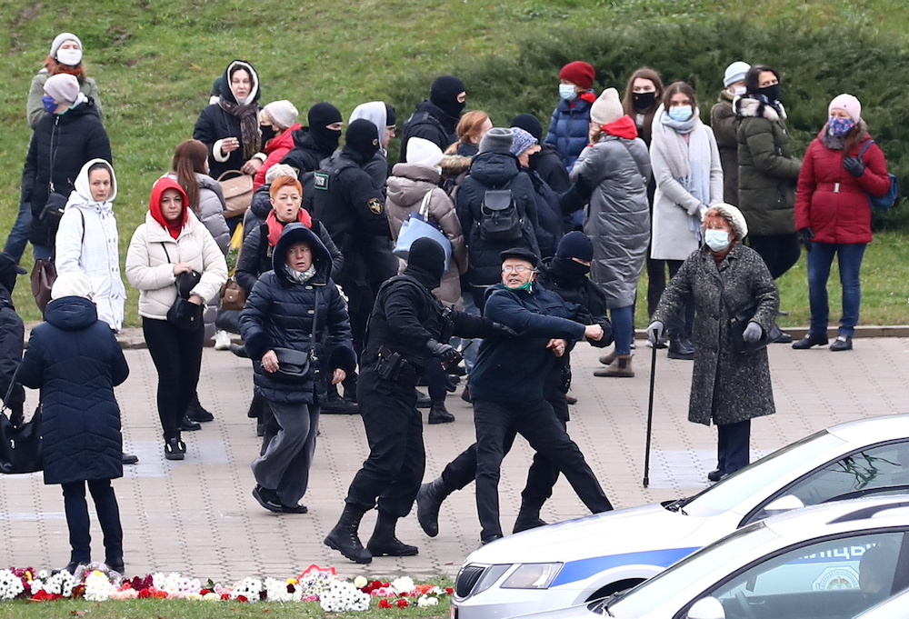 A man reacts as he is taken away by Belarusian law enforcement officers during a rally to reject the presidential election results in Minsk, Belarus November 15, 2020. u00e2u20acu201d Reuters pic
