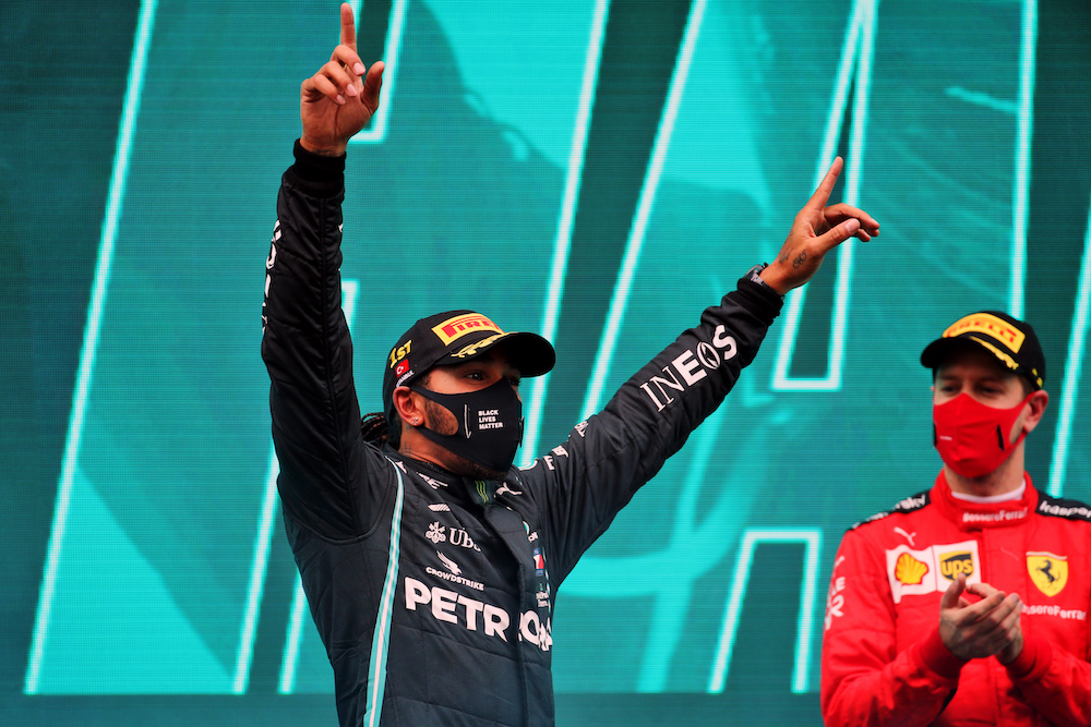 Mercedes AMG F1's Lewis Hamilton (GBR) celebrates on the podium after winning the Turkish Grand Prix to secure his seventh world championship at Istanbul Park, Turkey November 15, 2020. u00e2u20acu201d PA Wire pic via Reutersnn