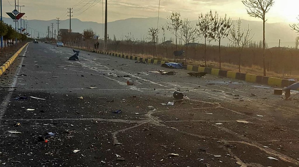A handout photo made available by Iran state TV (IRIB) on November 27, 2020, shows the damages after an attack targeted the car of Iranian nuclear scientist Mohsen Fakhrizadeh near the capital Tehran. u00e2u20acu201d AFP pic